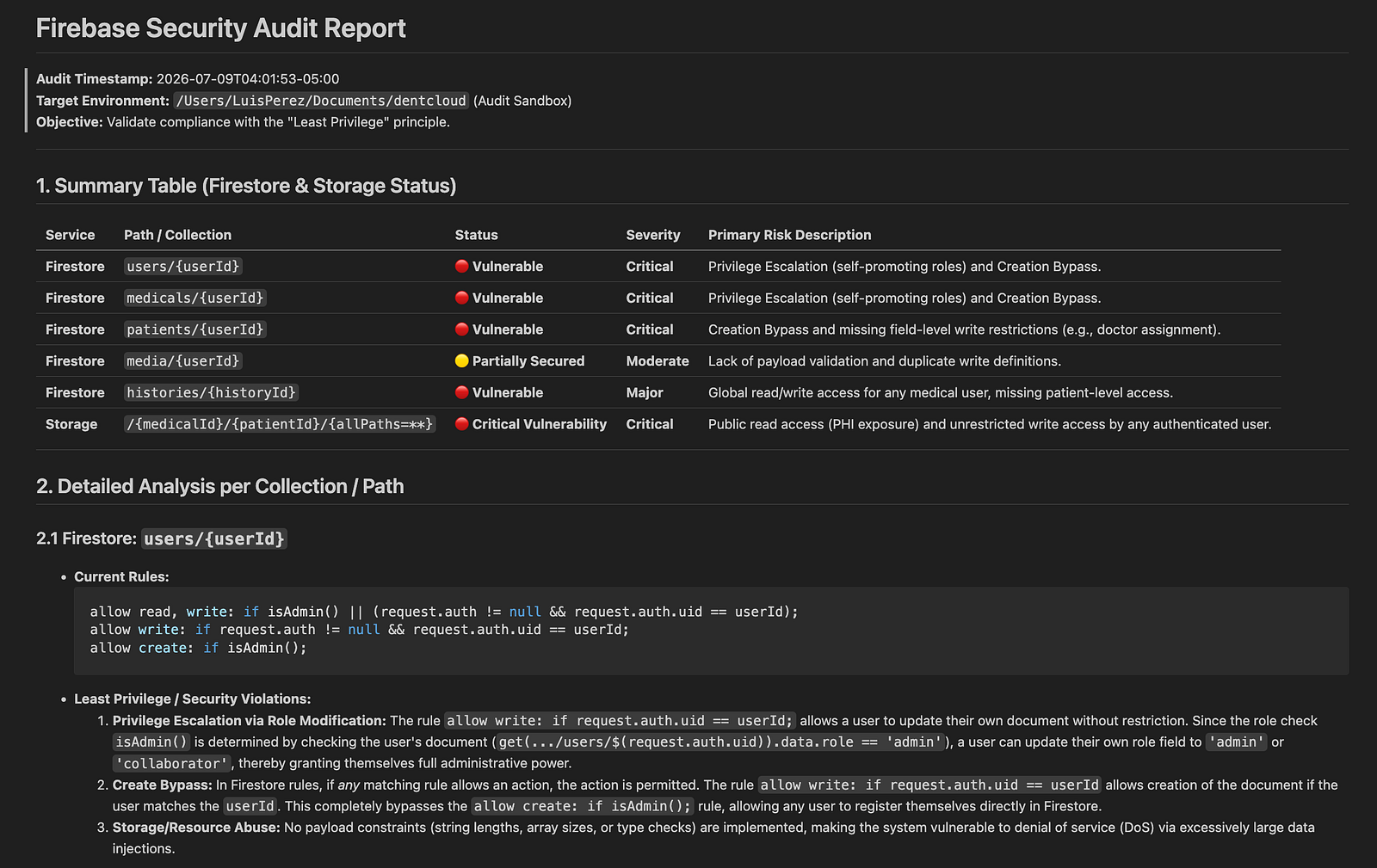Reporte de auditoría de seguridad generado por Firebase Rules Agent, mostrando una tabla de riesgos críticos en Firestore y Storage, junto con un análisis detallado de vulnerabilidades.