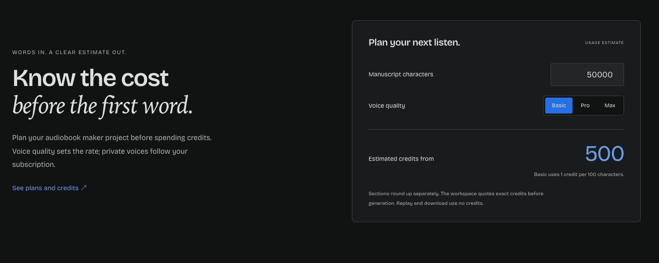 Basic-quality credit estimate with a notice about per-section rounding.