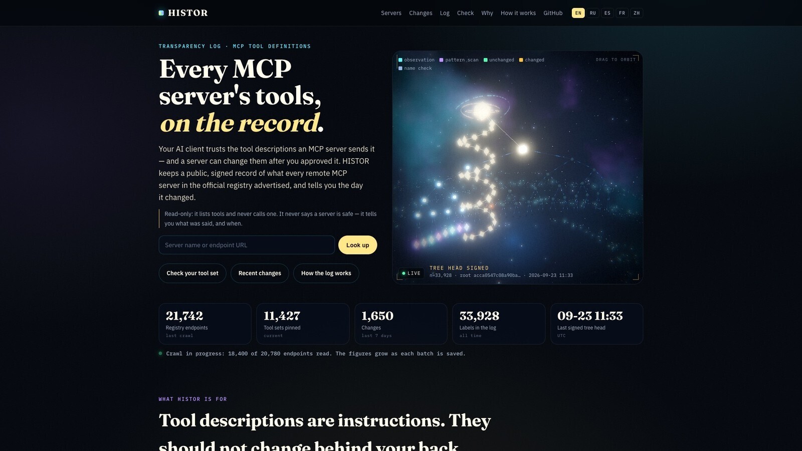 Live HISTOR desk — every MCP server's tools, on the record