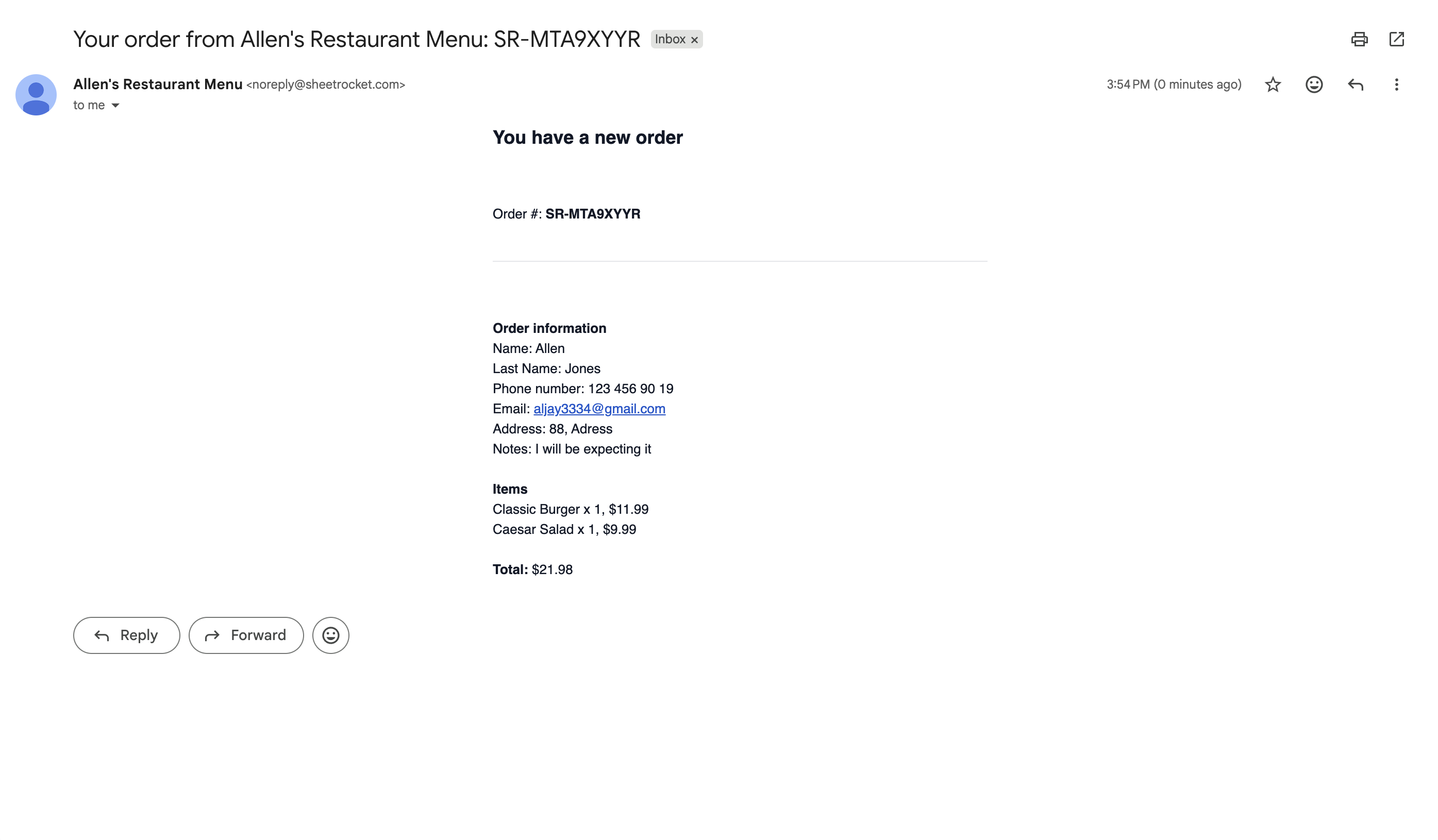 Screenshot of the order notification email in an inbox showing customer name, items ordered, and total