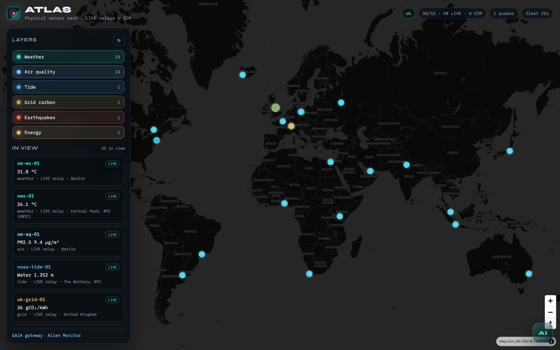 ATLAS live map — weather / air / LIVE vs SIM