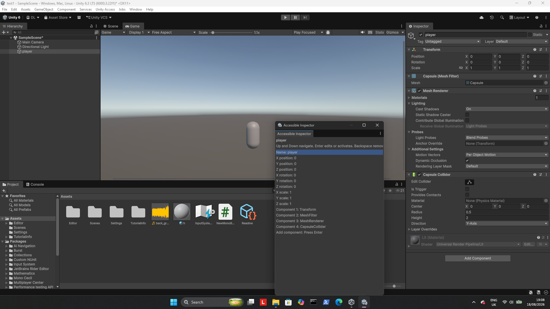 the image is of the object inspector where the name of the capsule is changed to player