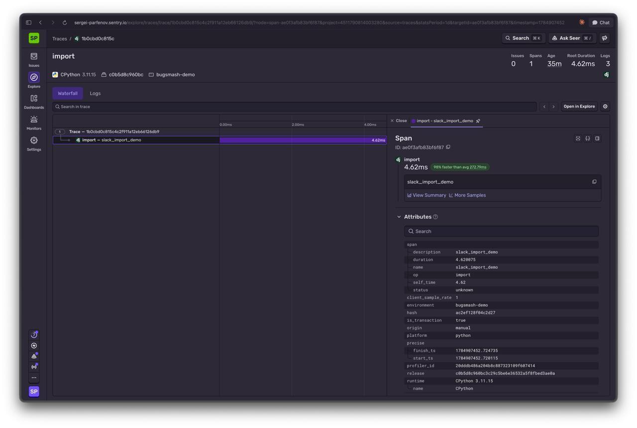Sentry trace of the fixed import: 0 issues, 3 warning logs, import completed