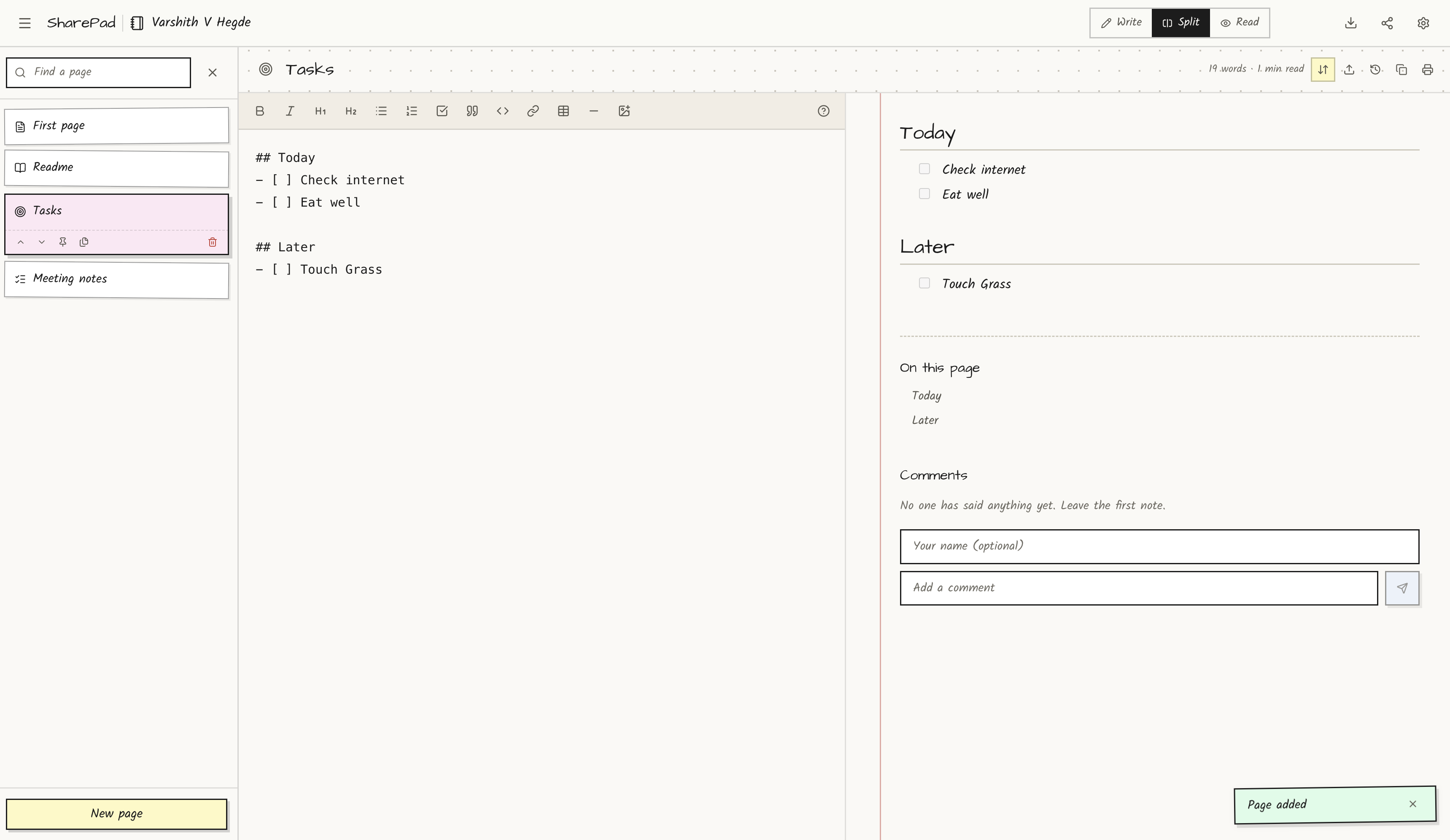 Sidebar listing multiple pages in a single notebook