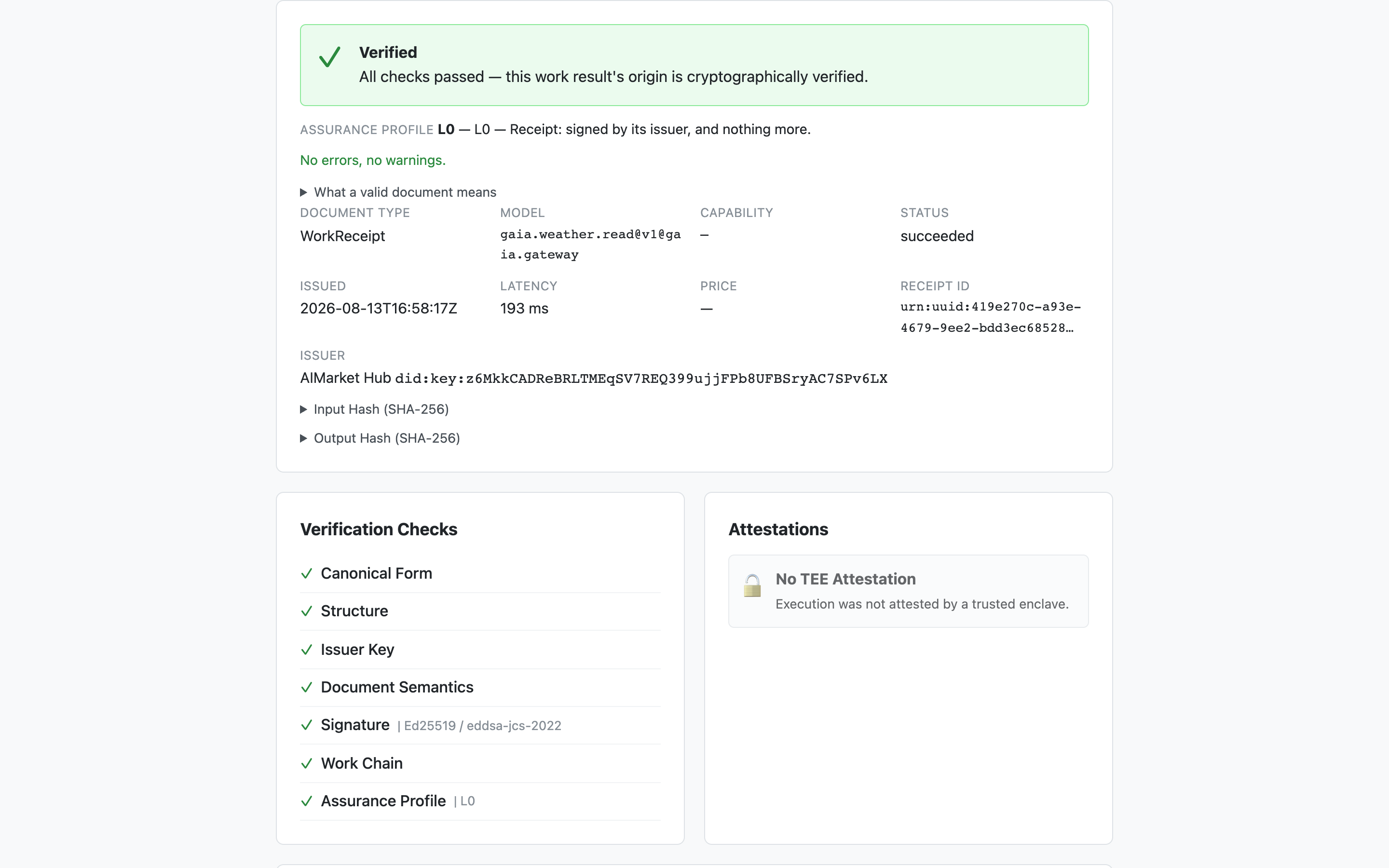 AI Provenance Verifier — Verified, L0, Ed25519 checks green