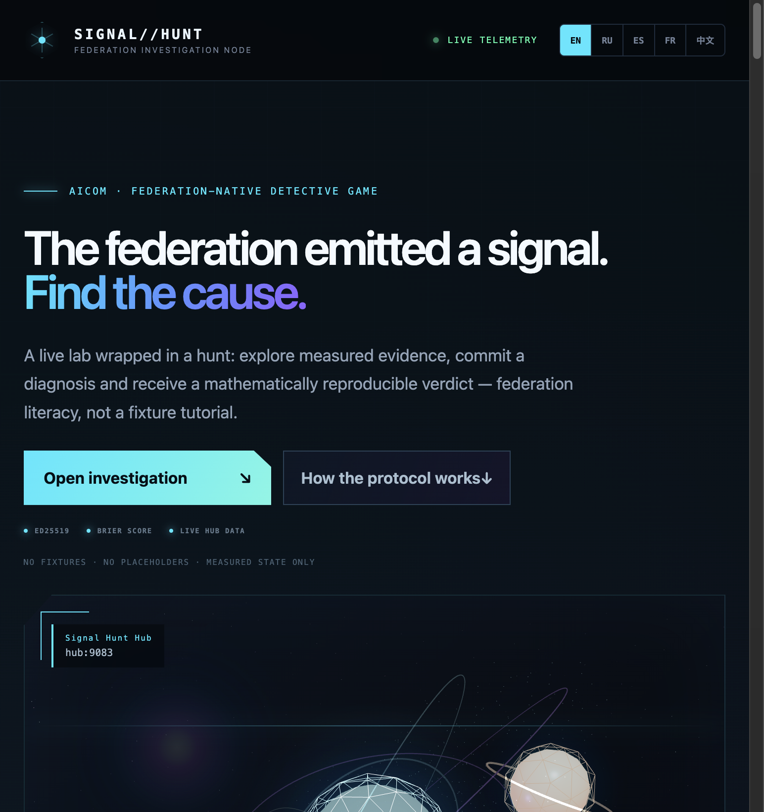 Signal Hunt landing — live telemetry, English UI