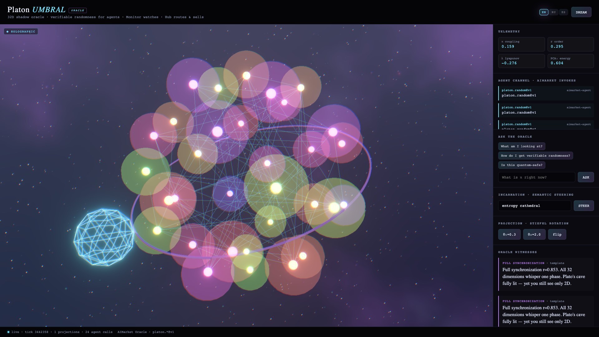 Platon UMBRAL — holographic cave with live telemetry