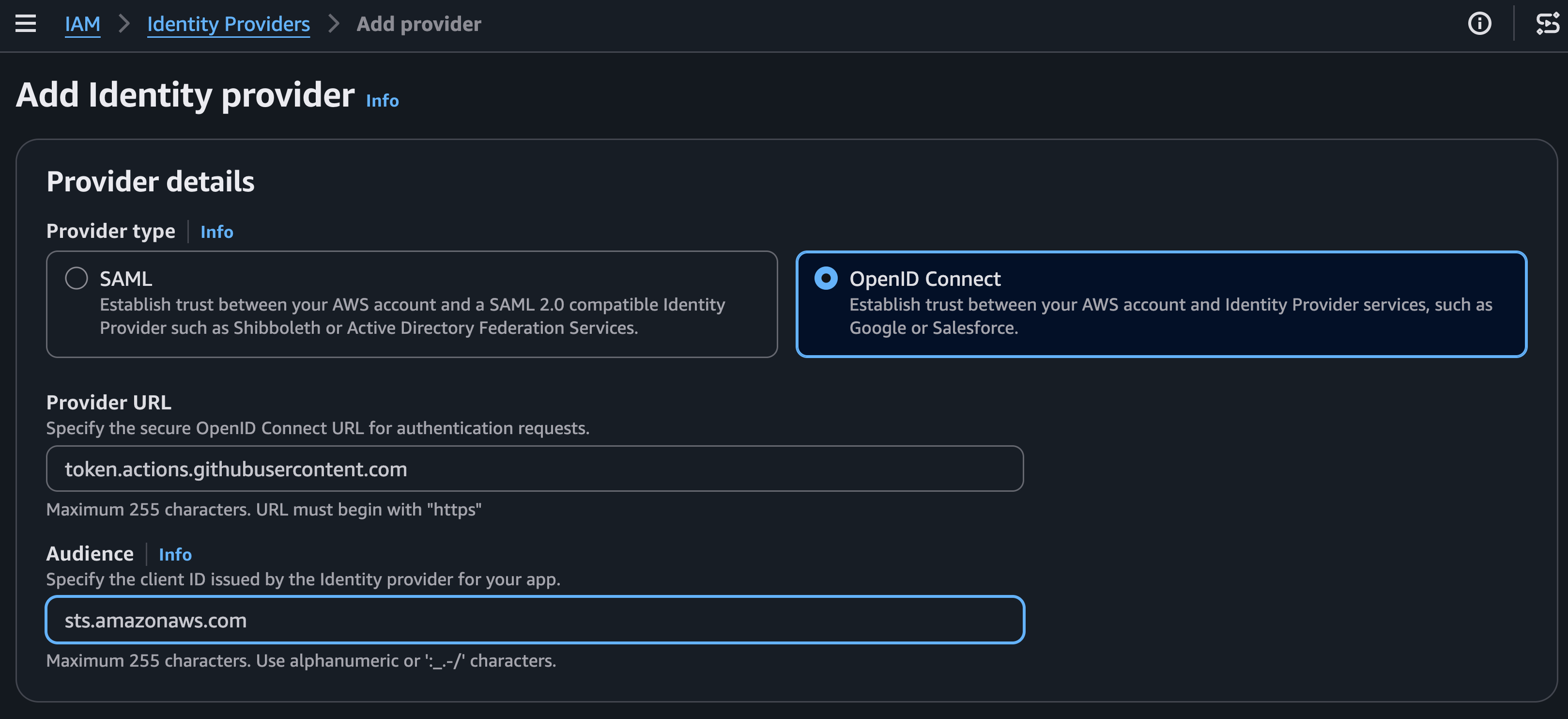 Register GitHub (token.actions.githubusercontent.com) or GitLab (gitlab.com or your self-managed instance) as a trusted OIDC Identity Provider.