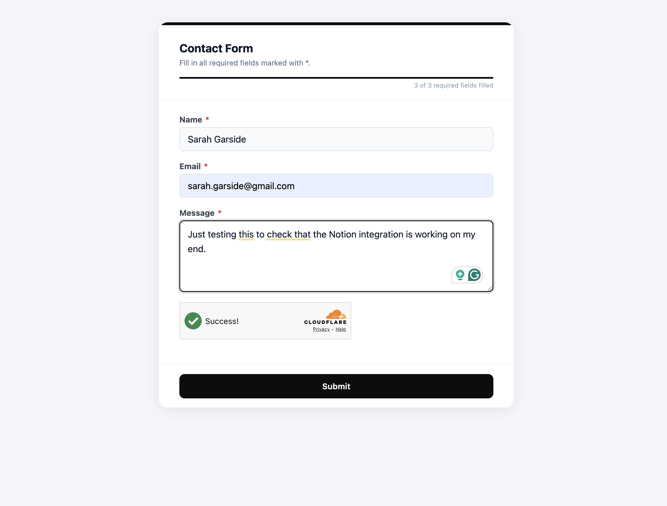 Screenshot showing form with inputs filled