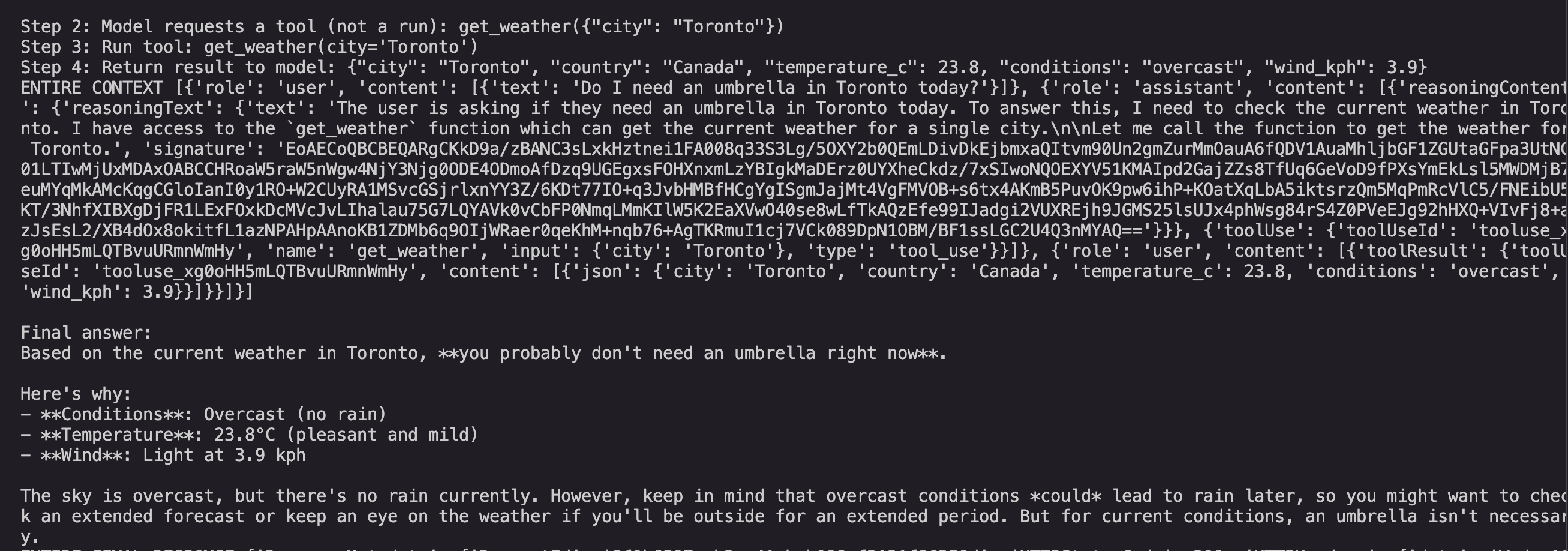 一個工具的執行結果：程式呼叫 get_weather 並回傳真實天氣 JSON（Toronto、overcast、23.8C、風速 3.9 kph），接著模型的最終回答說，因為天氣多雲且沒有下雨，你現在大概不需要帶傘