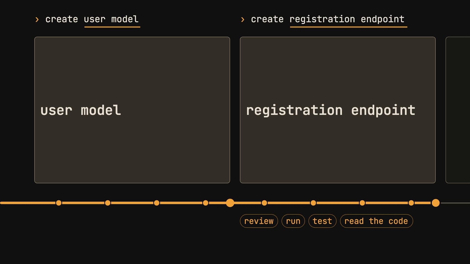 Separate prompts for creating a user model and a registration endpoint, with checkpoints to review, run, test, and read the code.