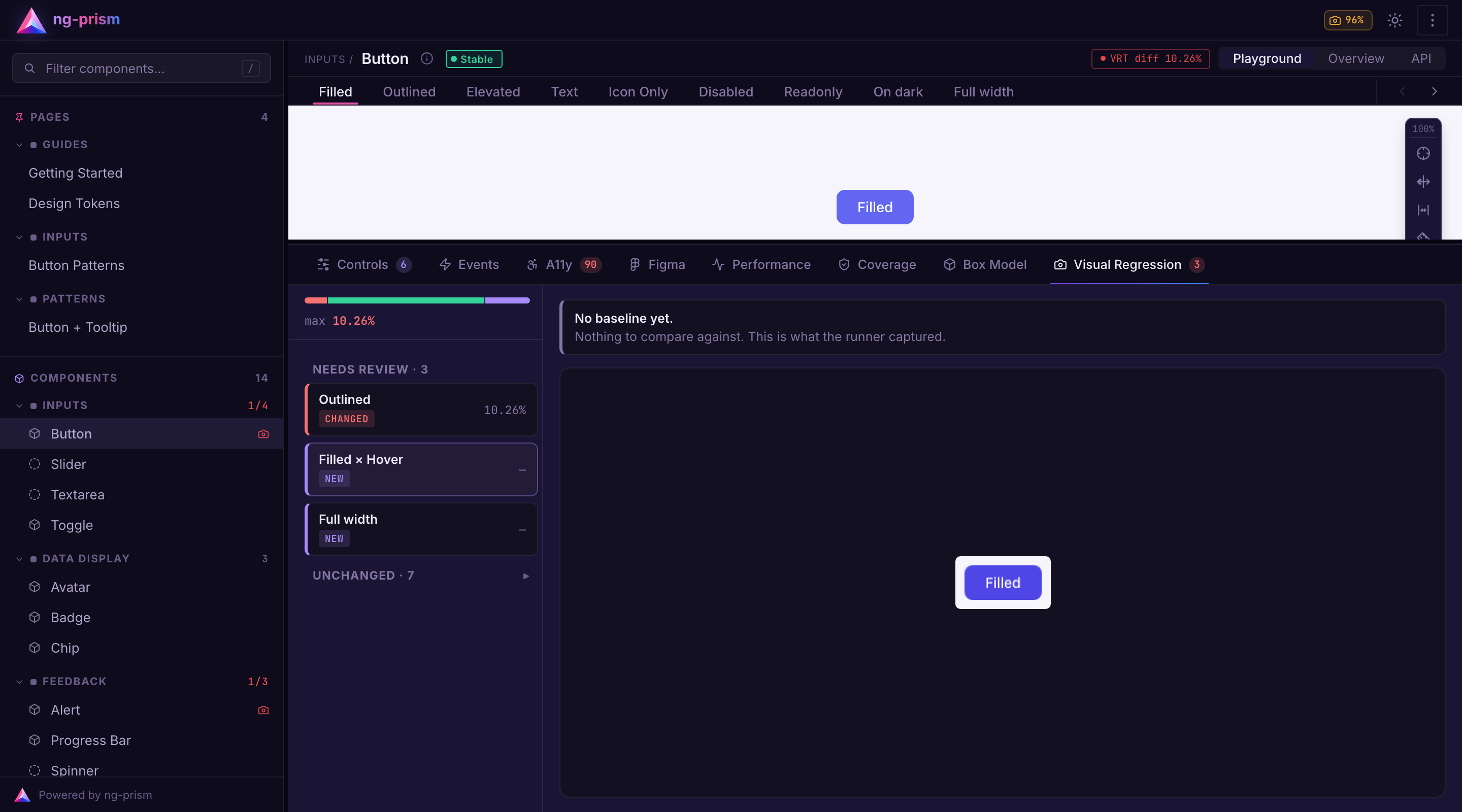 Visual Regression panel on the Button: the review list holds "Outlined" (changed, 10.26%), "Filled × Hover" (new, selected) and "Full width" (new). The viewer shows the captured hovered button.
