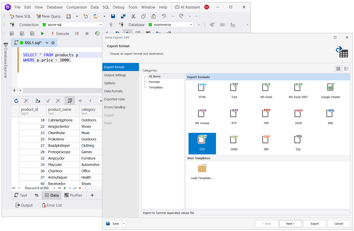 Exporting a query result set to a CSV file