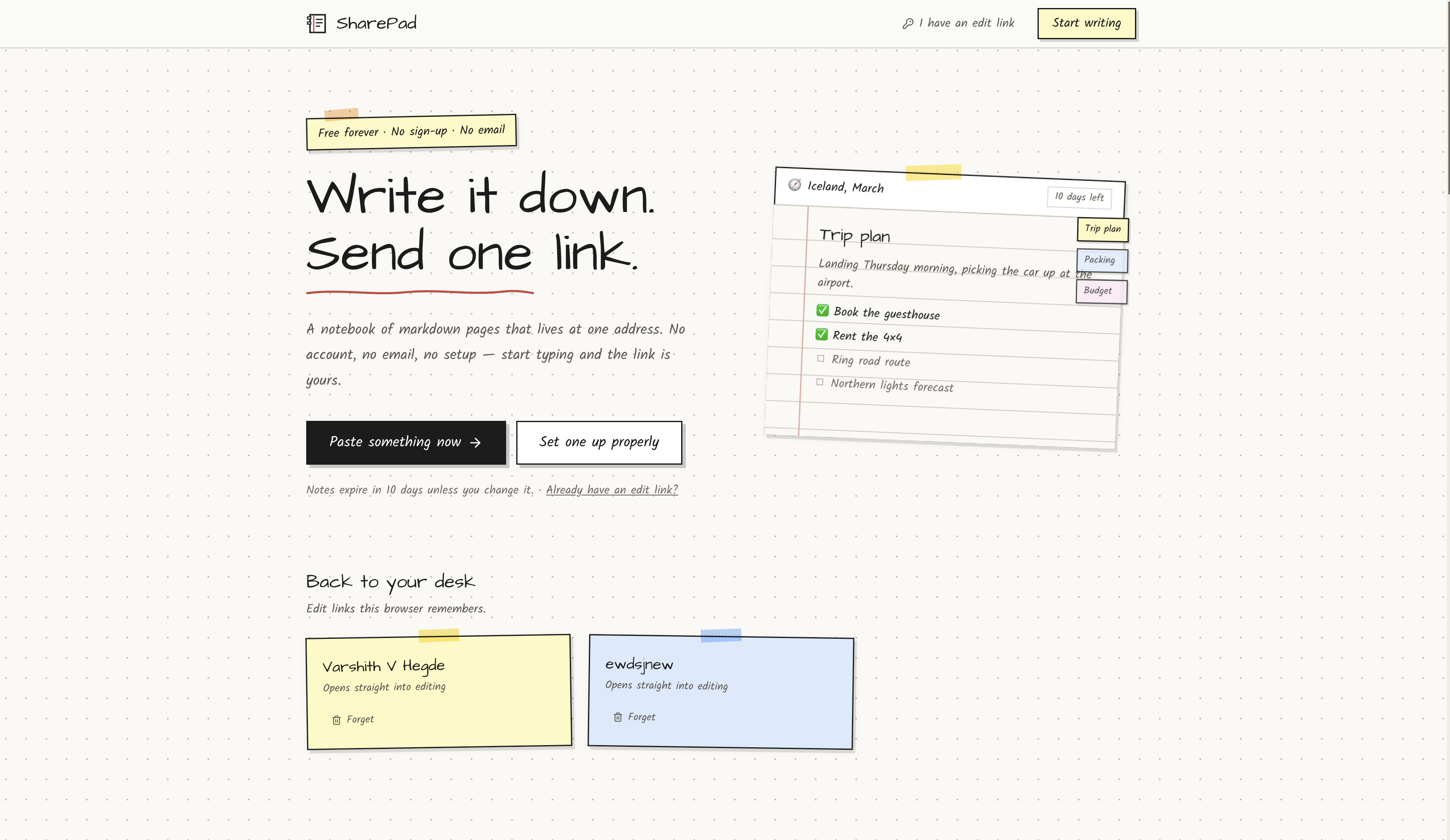 Home page hero — Write it down, Send one link, Free forever no signup